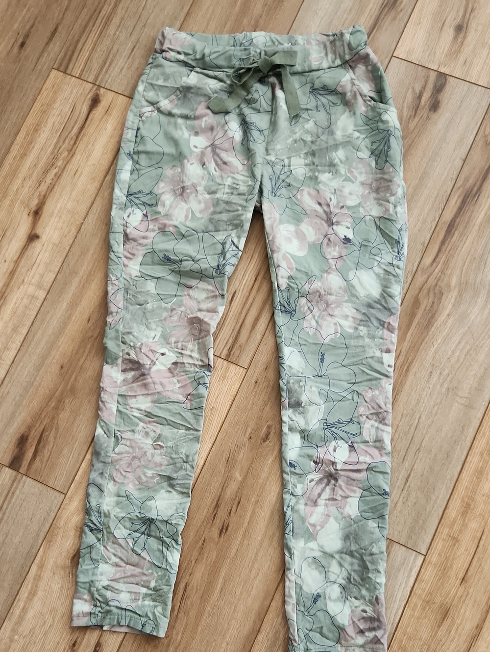 Tina Stephens ITALY Viscose Straight-Leg Pants Sage Green Floral Women's Size M